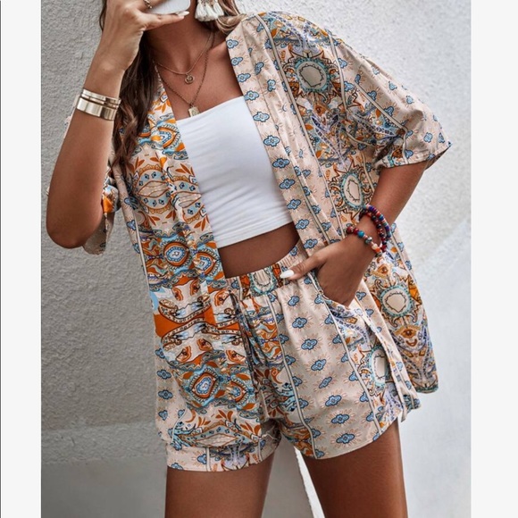 Boho Floral Paisley Print Open Front Kimono Top Shirt Blouse Shorts Set PINK - Picture 9 of 14
